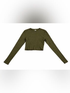 TNA Ribbed Long Sleeve Cropped Top – Olive Green – Size Large